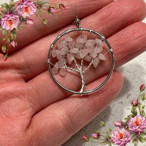 Pink Crushed Stone Silver Color Tree Of‎ Life Necklace